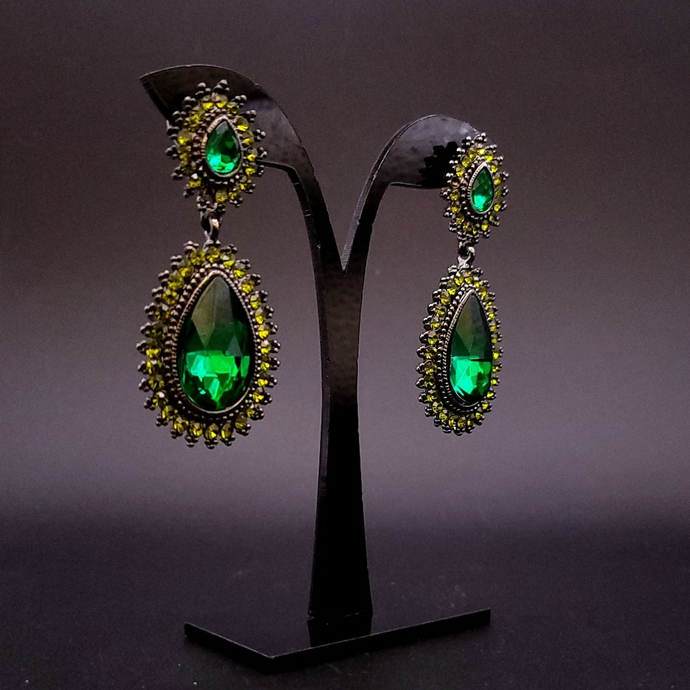 Statement Green Teardrop Rhinestone Dangle Earrin… - image 2